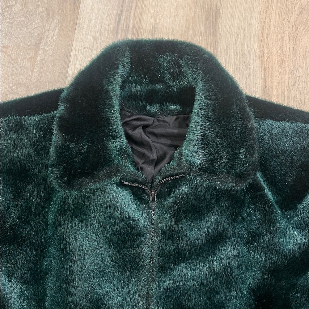 Gallery Vegan Faux Fur Bomber Coat Jacket Green collar pockets VTG vintage 90s - Picture 10 of 10